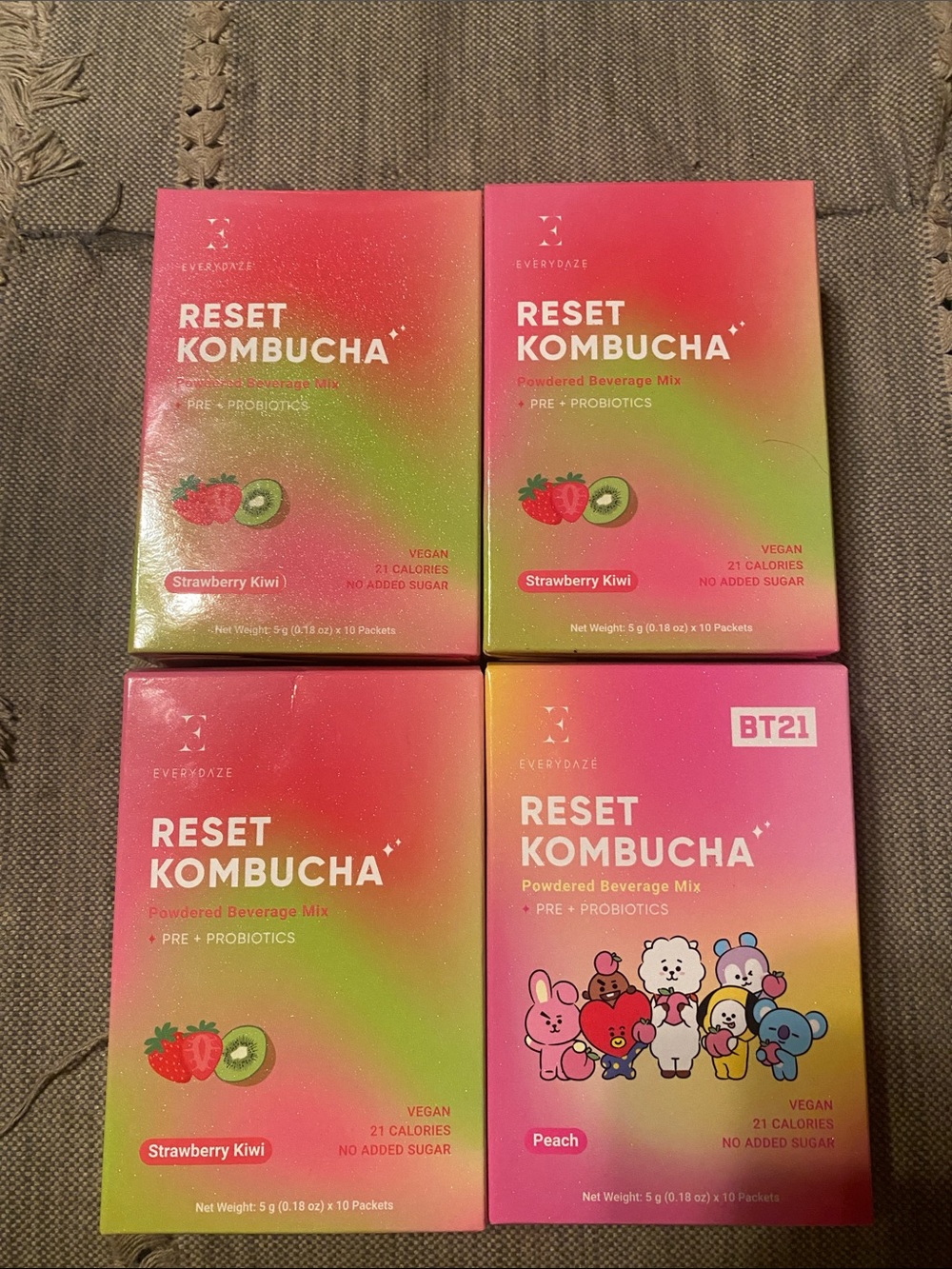 Reset Kombucha Powdered Beverage Mix - 3 Strawberry Kiwi (Pink/Green) 1 peach